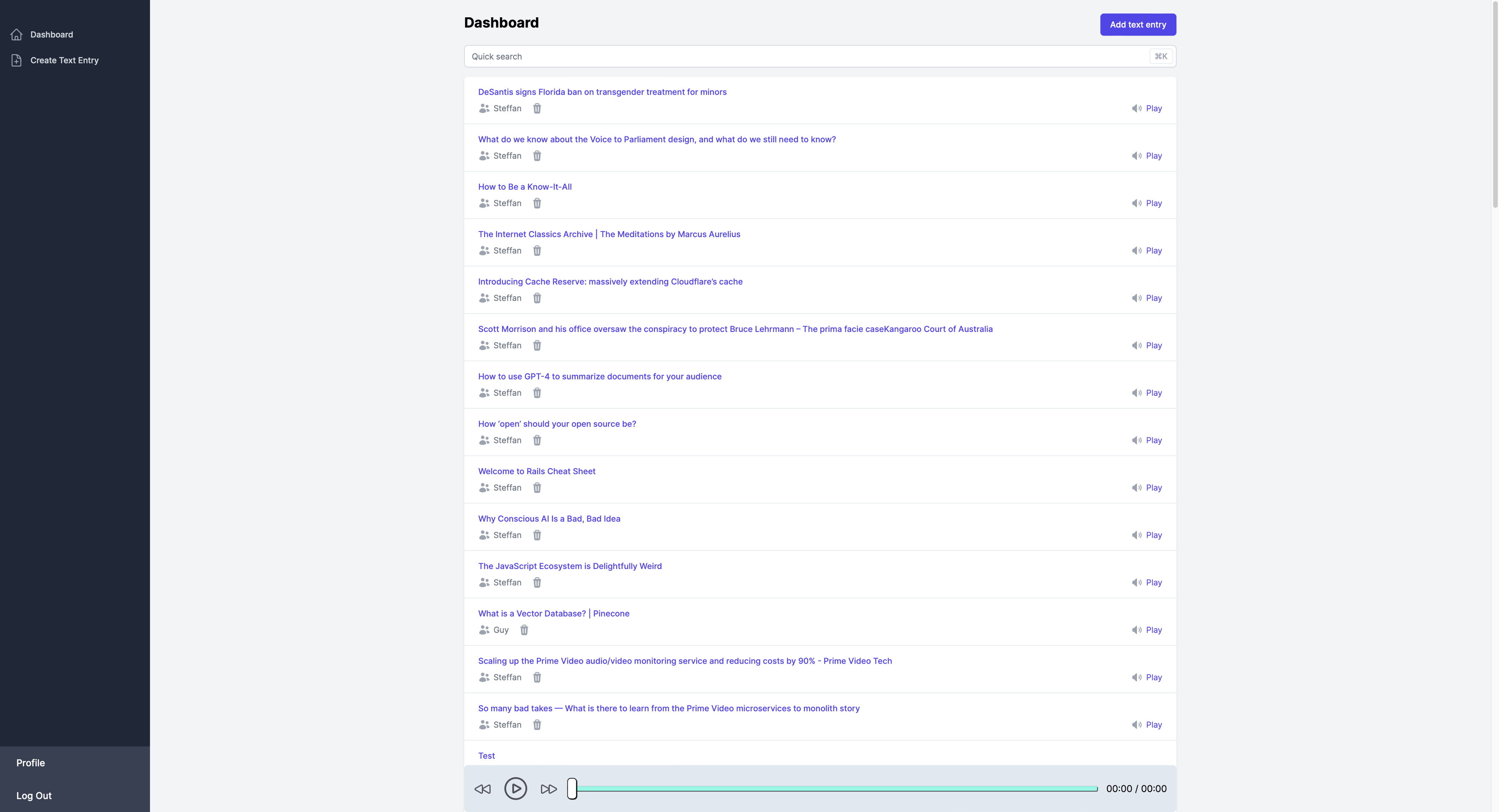 Web to Speech dashboard